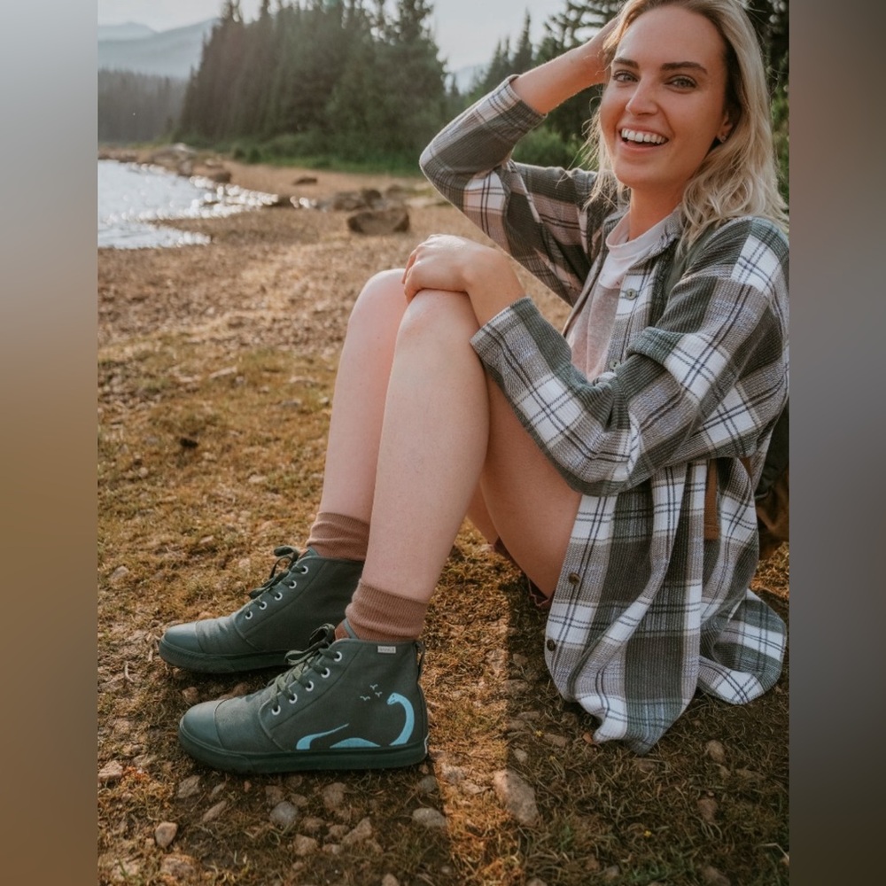 Bangs Shoes Prehistoric High Top Sneaker Vegan Footwear Green Blue Embroidered - Picture 2 of 9